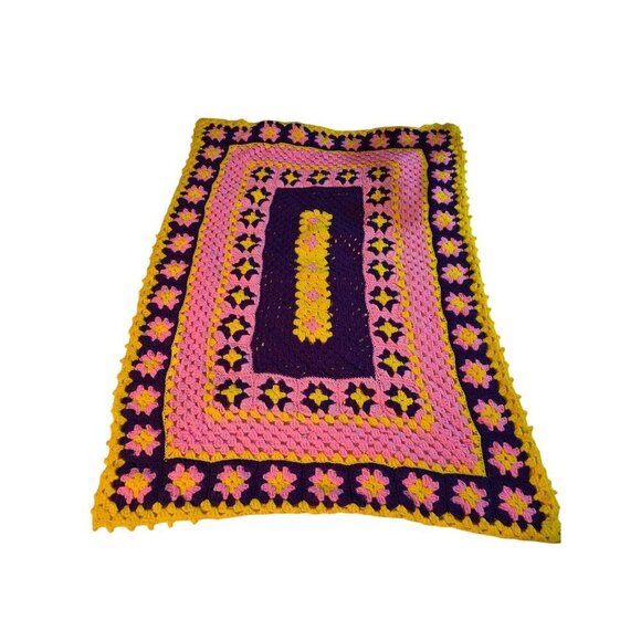 Vintage Handmade Groovy Psychedelic Flower Crochet Throw Blanket - Picture 1 of 10